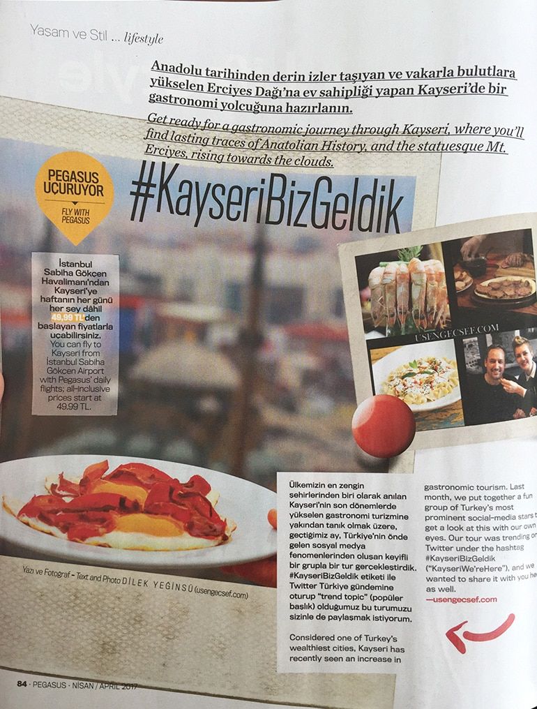 Pegasus Havayolları Dergisi Dilek Yeğinsü / Üşengeç Şef  - Kayseri yazısı